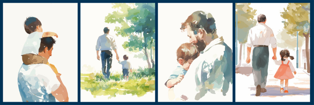 Fathers day cards. Watercolor posters with fathers son daughter holding hands, celebrating love family fatherhood. Happy parent man vector illustration