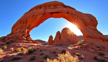Stunning Sunrise Through a Majestic Sandstone Arch in the American Southwest Desert Landscape