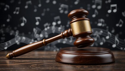 Wooden Judge Gavel on Sound Block with Musical Notes Background, Copyright Law Concept