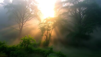 Misty Sunrise in a Lush Green Forest with Sunbeams Piercing Through the Trees