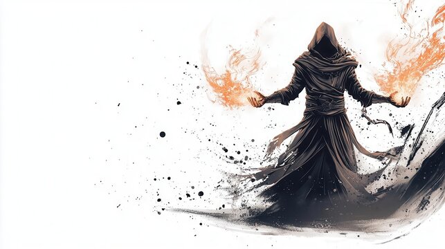 a warrior mage casting dual spells, fantasy battle element, dramatic pose, 2D highdetail, isolated on white background