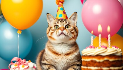 Adorable Cat Celebrates Birthday with Cake and Balloons, wearing a party hat