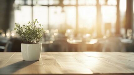 Fototapeta premium Plant on wooden table, sunlit restaurant background