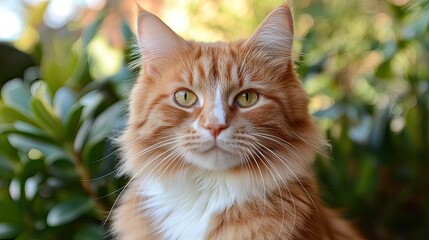 Fototapeta premium Orange cat portrait, garden, bokeh, pet, sunlight