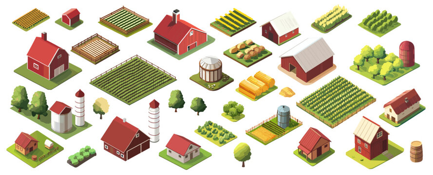 Isometric farm. Agricultural buildings barn hay garden beds harvest, three dimensional farmland infographic vector illustration