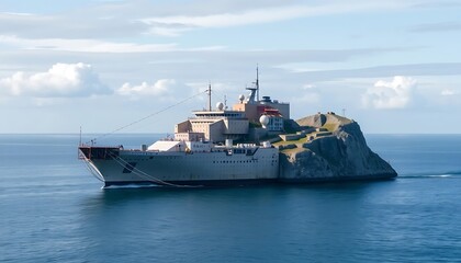 Stunning Aerial View of a Ship Integrated into a Rocky Island, a Unique Maritime Structure in the Open Ocean