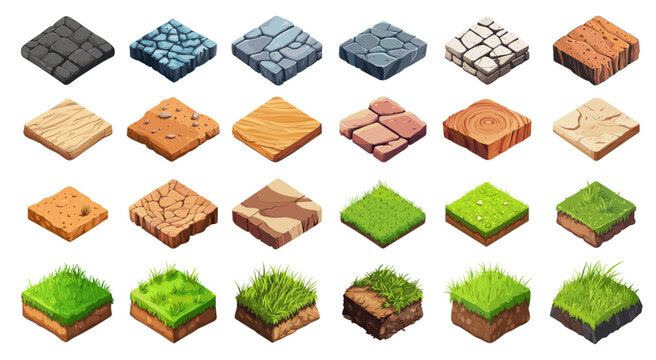 Isometric soil. 3D ground surface stone grass desert sand dirt tiles, pavement textures set vector illustration