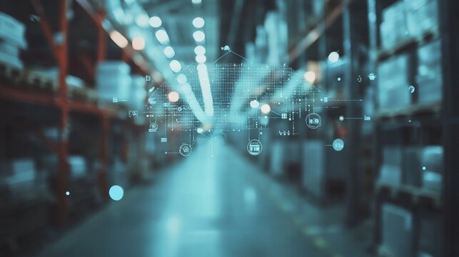 Collaborative elements of global logistics network with icons on blurred warehouse background