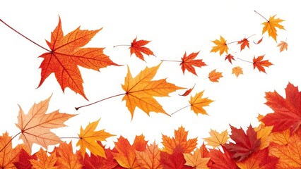 Fototapeta premium Autumn Maple Leaves Falling and Ground Composition, White Background, Fall Foliage, Nature Photography Autumn, Fall, Leaves