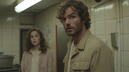 Obraz premium Shocked couple in restaurant kitchen, mystery unfolds