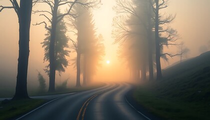 Misty Sunrise Road: Serene morning drive through a fog-laden forest with tall trees lining a winding asphalt road, golden sunlight breaking through the mist.