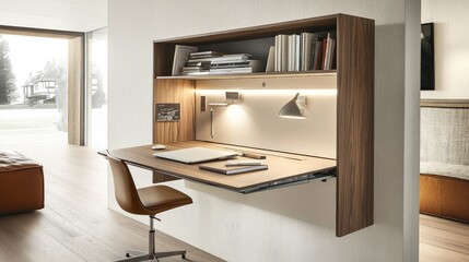 Study area in a small room with stackable furniture, wall-mounted desk, and retractable shelving to maximize functionality