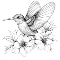 Fototapeta premium Elegant Hummingbird Illustration with Detailed Flowers and Delicate Features in Black and White Design