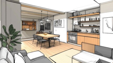 Stylish apartment layout with a small dining table, a comfortable sofa, and strategically placed shelving to maximize space