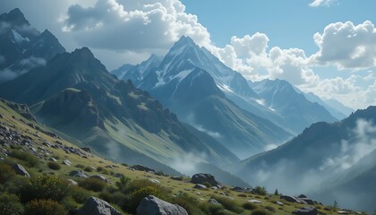 Majestic Mountain Range with Mist and Clouds, Breathtaking Landscape Photography, High-Resolution Digital Art, Serene Nature Scenery