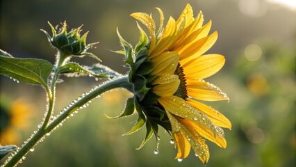 Dew-Kissed Sunflower Close-up Profile, Golden Hour Light, Macro Photography, Nature, Sunflower Sunflower, Macro photography