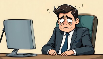 A Sad Businessman Crying at His Computer Desk, Feeling Overwhelmed by Work Stress and Pressure