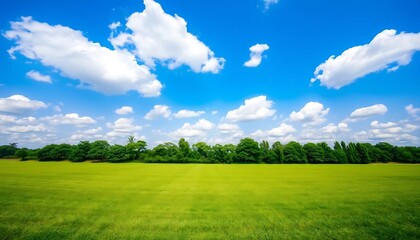 Vibrant Green Meadow Landscape Under a Stunning Blue Sky with Fluffy White Clouds, Lush Greenery, Peaceful Nature Scene