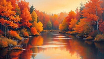 Stunning autumn landscape painting of a tranquil river reflecting vibrant fall foliage in a serene forest scene.