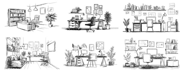 Office interior. Sketch indoor workspace with furniture desk chair lamp monitor working cabinet bookshelf, apartment workplace vector illustration
