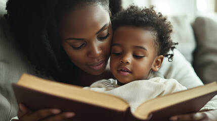 Obraz premium Family bonding on a sofa, book in hand, child listening intently, warmth and love radiating.