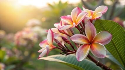 Fototapeta premium Plumeria Sunset Bloom Close-up Composition, Soft Light, Tropical Flower, Plumeria, Frangipani, Floral Photography Plumeria, Frangipani