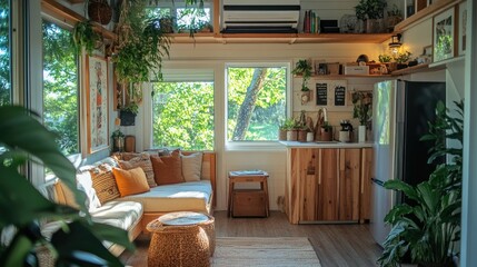Fototapeta premium Tiny home eco-friendly living area with multifunctional furniture, compostable decor items, and natural ventilation