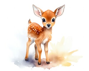 Hand Drawn Little Deer Baby Watercolor Illustration in Bambi Cartoon Style