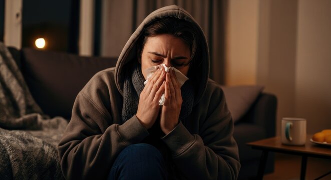 Woman with cold or flu symptoms, wearing hoodie, indoors
