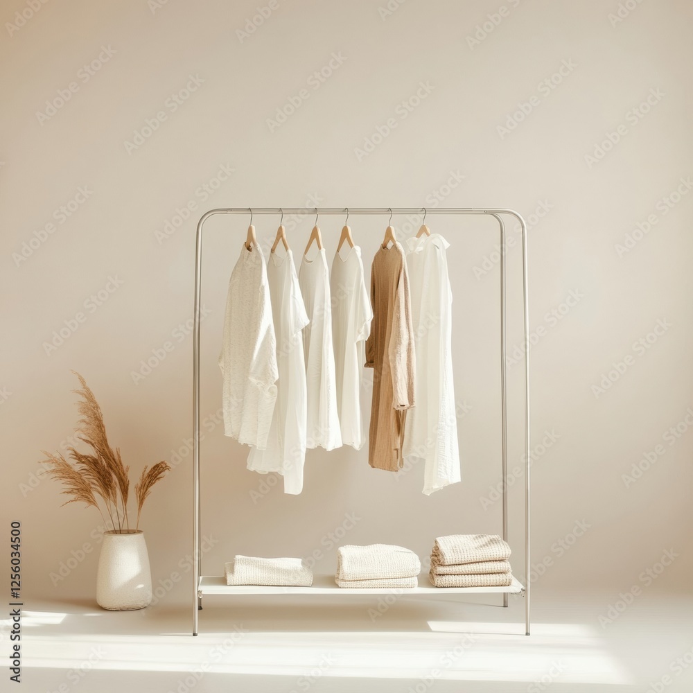 Poster Minimalist clothing rack displaying neatly arranged garments in bright, neutral tones for a fresh, serene atmosphere. Generative AI