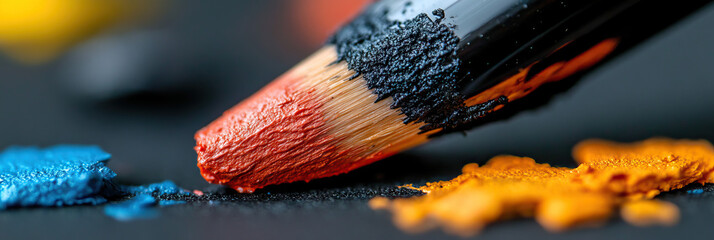 Fototapeta premium Close-up of Paintbrush with Orange, Blue, and Black Pigments