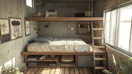 Tiny home loft bedroom with low ceilings, a mattress on a raised platform, and ladder-accessible storage underneath