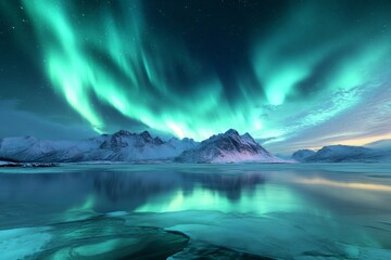 Fototapeta premium Stunning northern lights over snowy mountain range