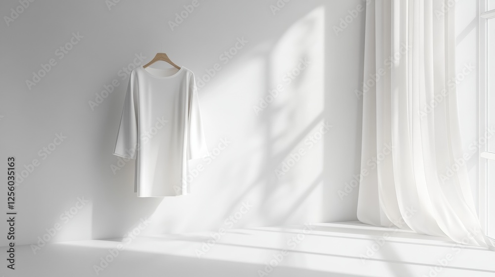 Poster minimalist clothing display in a bright space with soft natural light illuminating a white garment. 