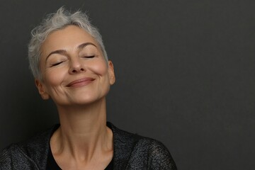Smile, eyes closed and skincare of mature woman in studio for glow, results or beauty on gray background. Face, happy and model in natural cosmetics for dermatology, anti aging and aesthetic at spa