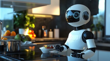 A robot is standing in a modern kitchen next to a bowl of fruit on a counter. The robot has a sleek design with a screen on its chest and is positioned near a window with sunlight streaming in.