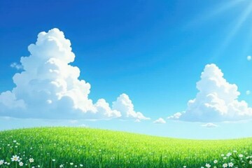 Obraz premium A dreamy landscape with soft, white clouds drifting across a bright blue sky, natural surroundings, scenery, blue sky