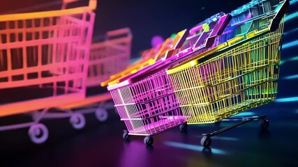 Colorful, neon glowing shopping baskets are flying through cyberspace, representing the concept of online shopping and e commerce in a vibrant and dynamic way - Powered by Adobe