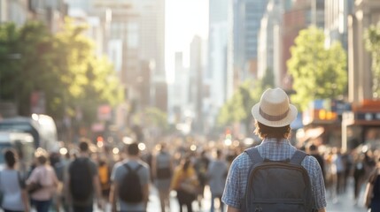 Tourist exploring city, crowds in background, summer day