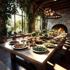 Slowcooked vegetable feast on a rustic table soft lighting creating warmth dining experience cozy environment distant view