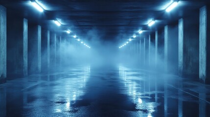 Mysterious underground tunnel with fog and blue lighting ambiance
