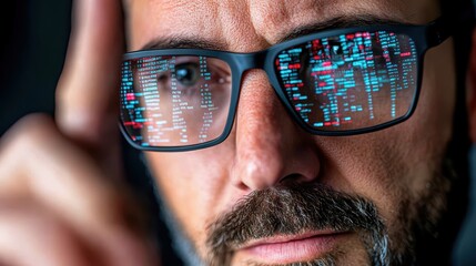 Caucasian adult male reflected coding data glasses focus technology