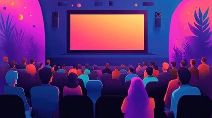 Audience watching movie on big screen in vibrant theater.