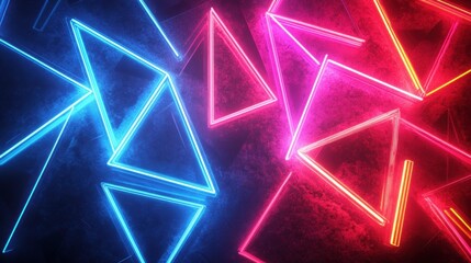 Vibrant neon triangles in blue and pink on grunge background