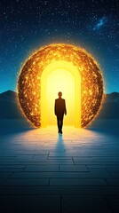 Obraz premium Emotional intelligence mastery concept A figure entering a glowing, mystical doorway.