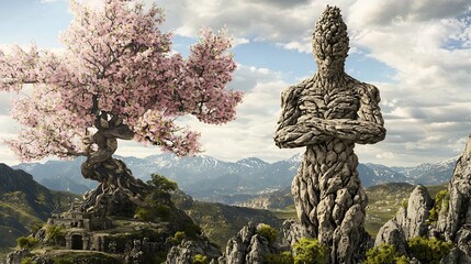 Obraz premium A surreal landscape featuring a stone statue, a blossoming tree, and a mountainous background