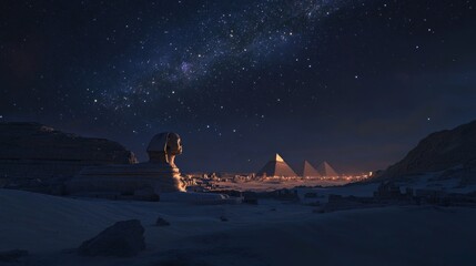 Cinematic night view of the great sphinx of giza under the milky way with desert mystique