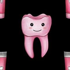 Seamless Pattern Pink Kawaii Tooth and Toothpaste Big Design on Black Background