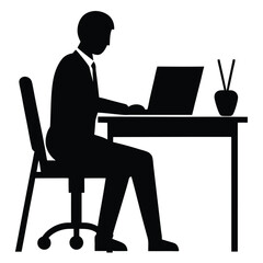 person working at a desk in an office, sitting on a chair with hands on a laptop or computer