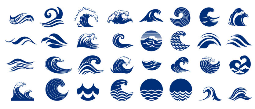 Wave logotypes. Water splashes logo, flowing liquid motion curves stripes swirls silhouettes set vector illustration
